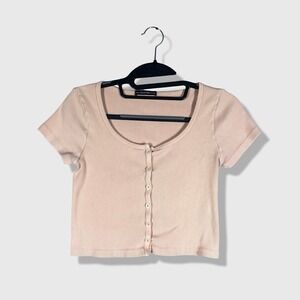 Brandy Melville Zelly Top Womens One Size Pink Ribbed‎ Button Front Coquette Y2K